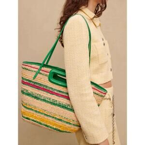 Maje Vert Casino Large Tote Bag Raffia Leather Striped Resort Vacation $410 NWT